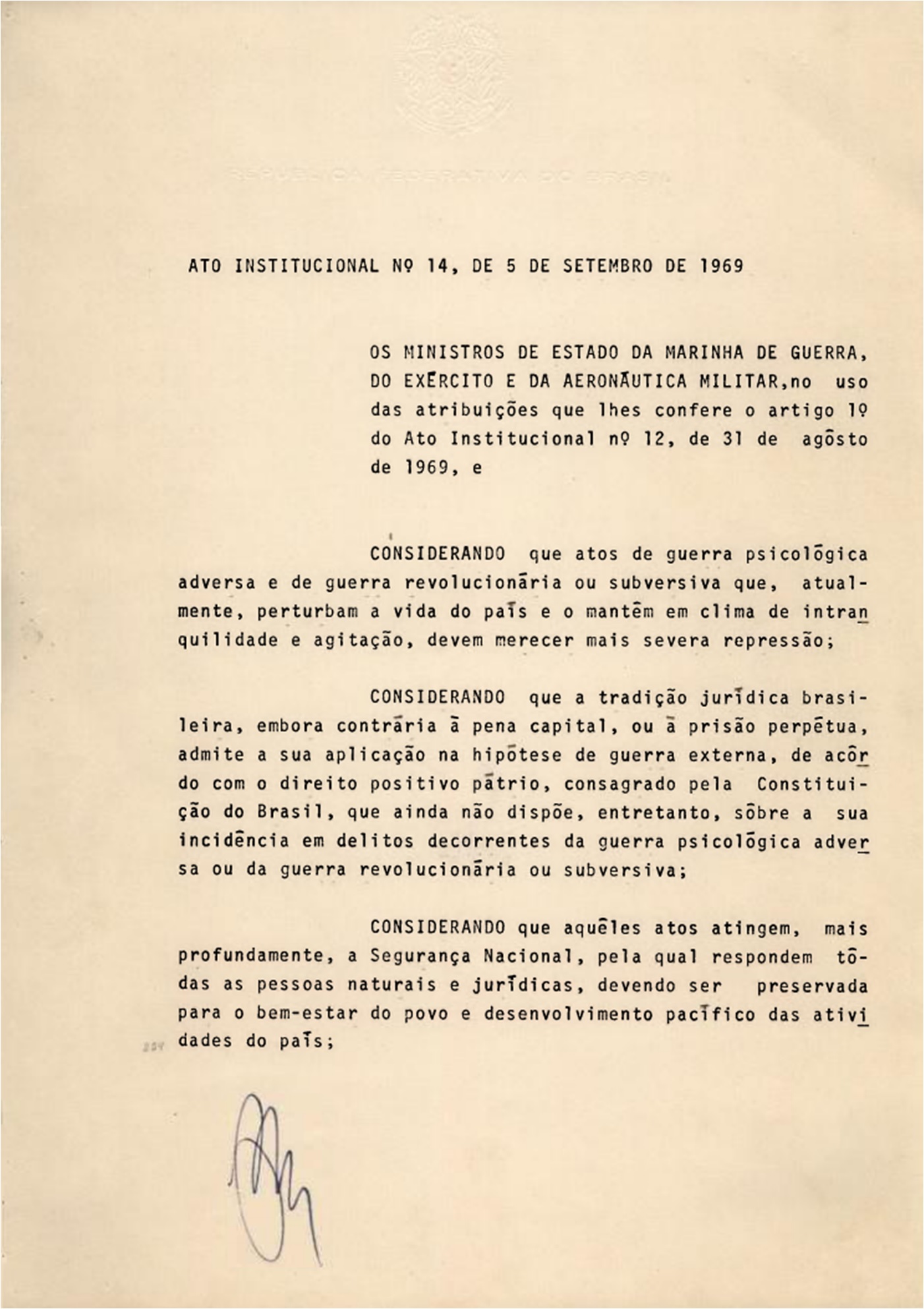 Imagem de referência de Ato Institucional Número Quatorze, descrito nos dados abertos como 14º decreto da ditadura militar brasileira emitido em 1969 para restringir direitos e manter o regime