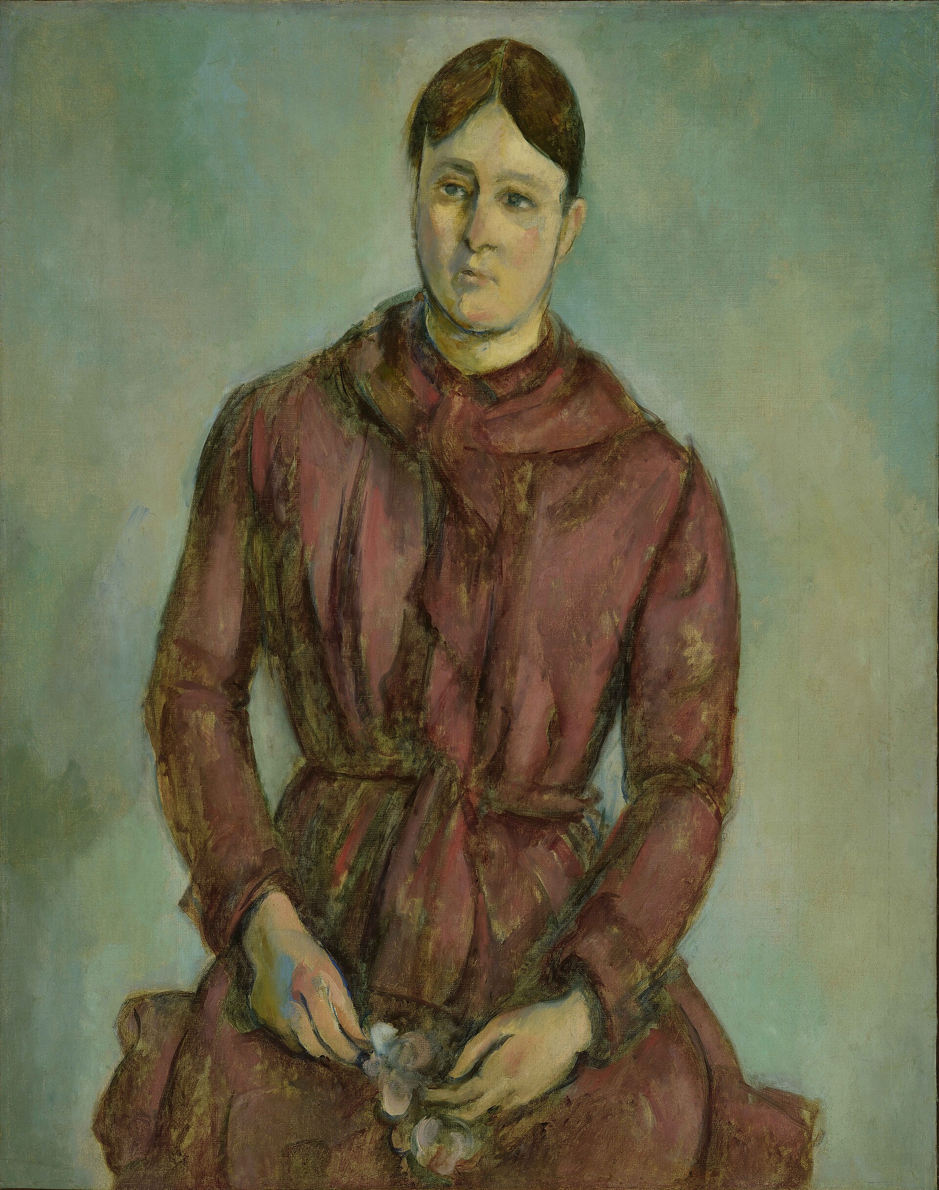 Imagem de referência de Madame Cézanne em vermelho, descrito nos dados abertos como pintura de Paul Cézanne