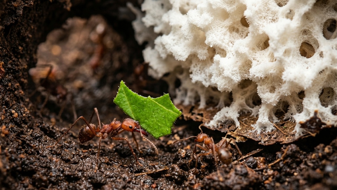 A formiga cortadeira não come folha, ela cultiva um fungo dentro do formigueiro há 50 milhões de anos, e o veneno que funciona é o que ela leva vivo para dentro sem desconfiar