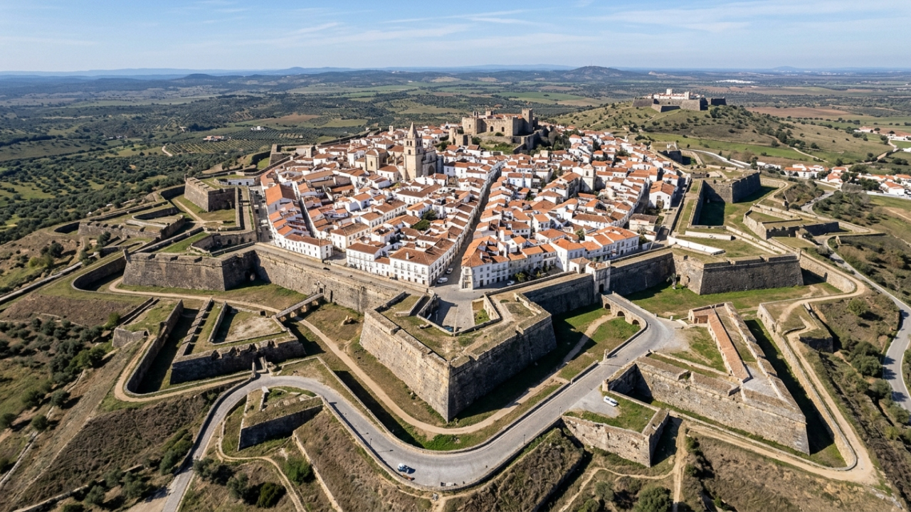 Vista do alto, uma cidade portuguesa parece cercada por formas geométricas de pedra no maior sistema fortificado com fossos secos do mundo