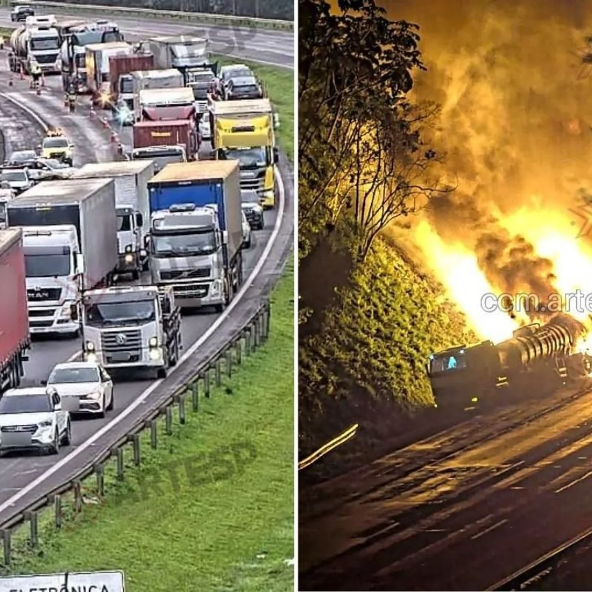 Rodoanel tem 12 km de congestionamento após acidente com fogo em carretas