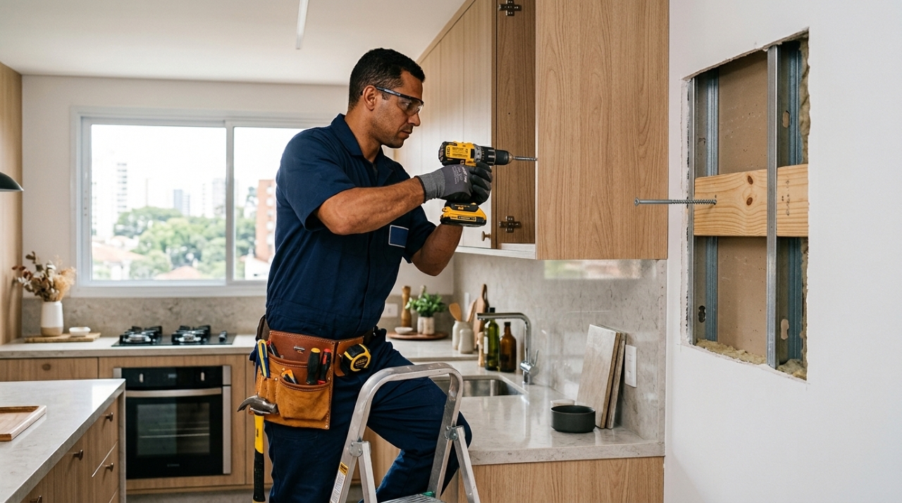 Marceneiro se recusa a fixar armário aéreo em parede de drywall com carga de 60 quilos e mostra ao cliente por que o problema não é a bucha, é a estrutura por trás da placa