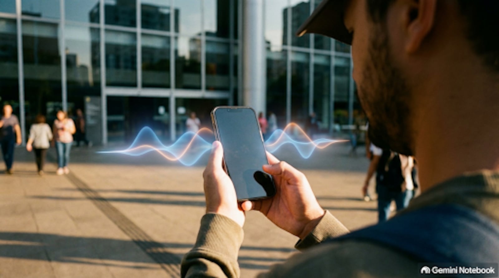 Um homem, visto de costas, segura um smartphone na mão enquanto está em um espaço público. Ele usa um boné e uma blusa de manga longa cinza. Ao fundo, há várias pessoas caminhando em direção a um grande edifício de vidro. Na tela do celular, há ondas sonoras estilizadas em azul e branco, sugerindo a interação com um aplicativo de áudio. A cena é iluminada pela luz do sol, criando um ambiente vibrante e urbano.