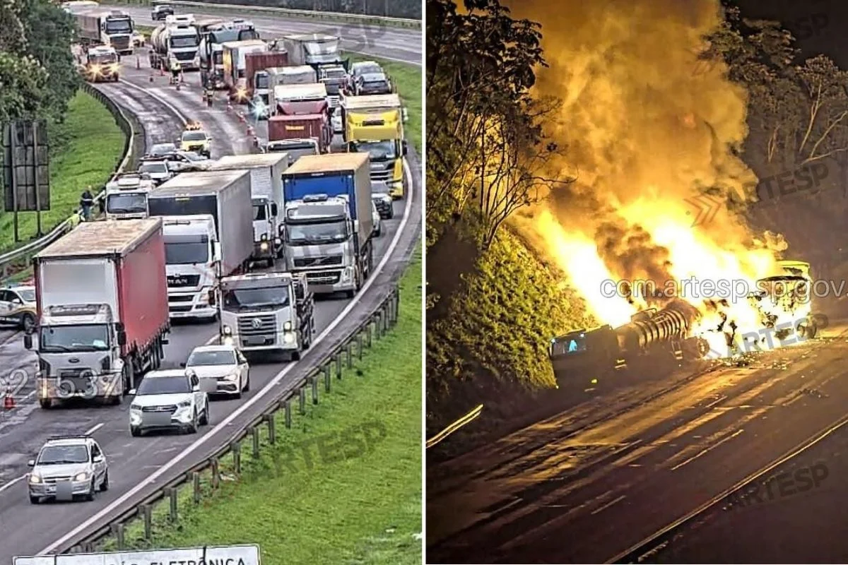 Imagem colorida mostra acidente entre carretas que terminou em incêndio. Metrópoles