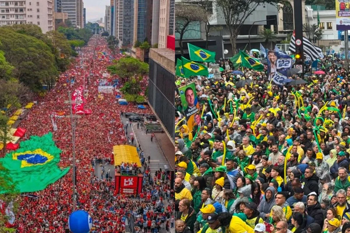 Montagem com imagens de atos a favor de Lula (à esquerda) e Flávio Bolsonaro (à direita) - Metrópoles