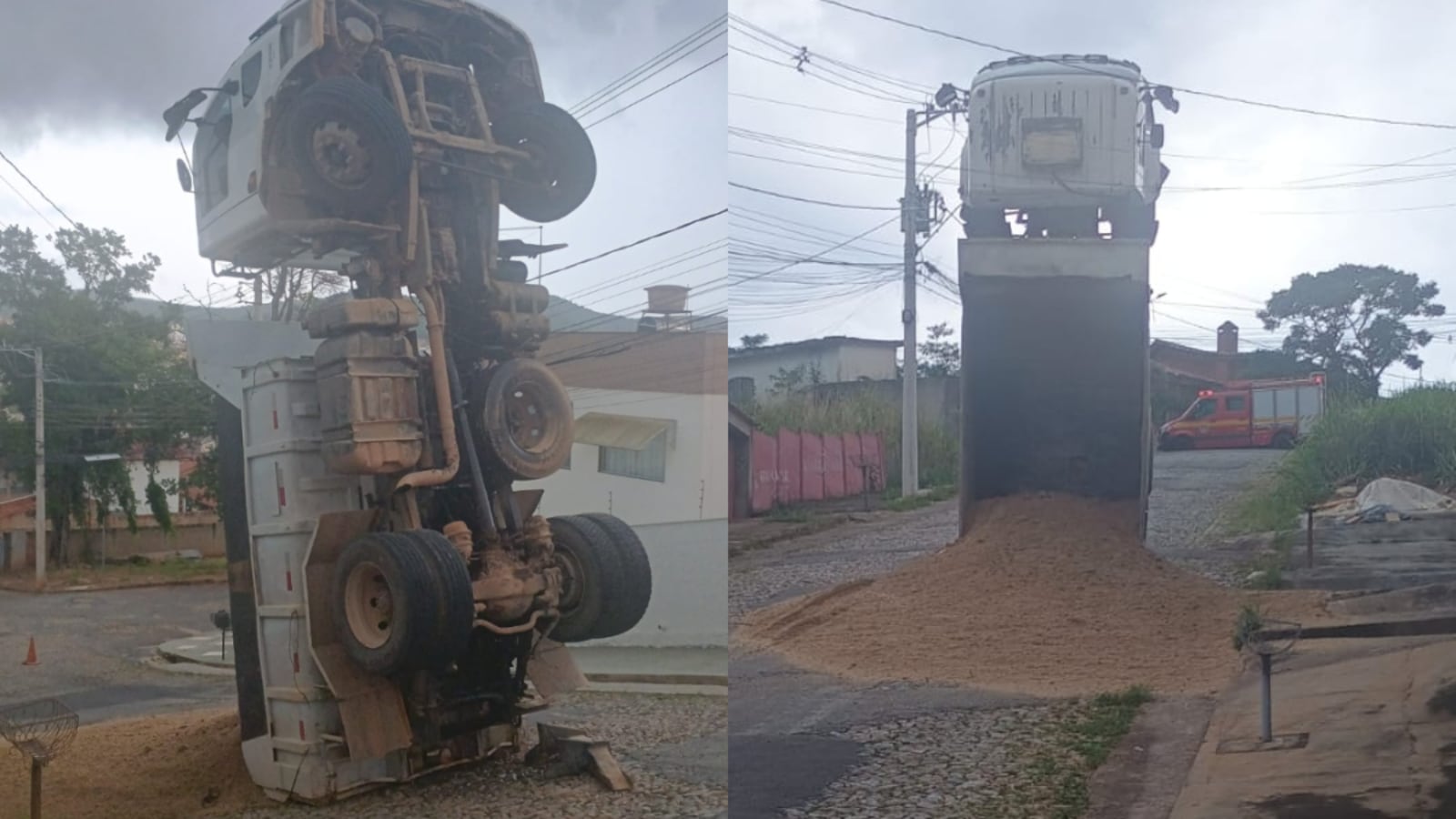 No local, um caminhão subia uma ladeira e tombou para trás