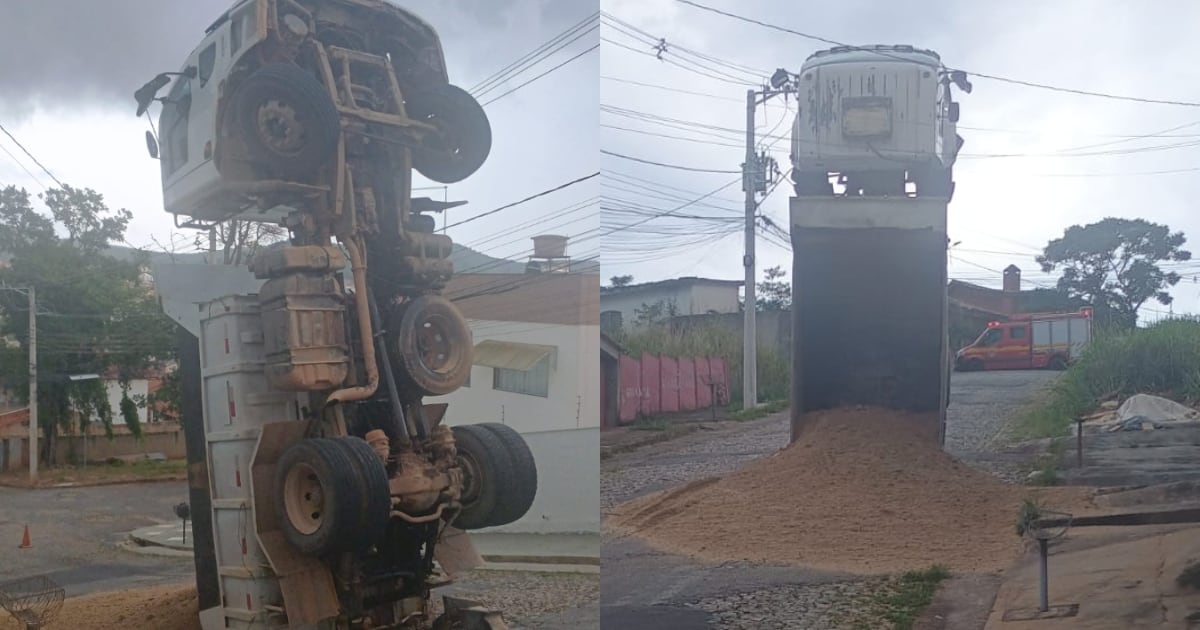 Caminhão tomba ao subir ladeira e motorista fica preso no alto do veículo em Pará de Minas (MG)