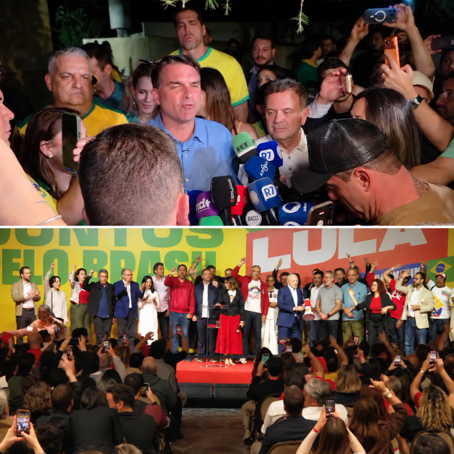 Falas de Flávio Bolsonaro (PL, acima) e Luiz Inácio Lula da Silva (PT, abaixo) após resultados do 1º turno