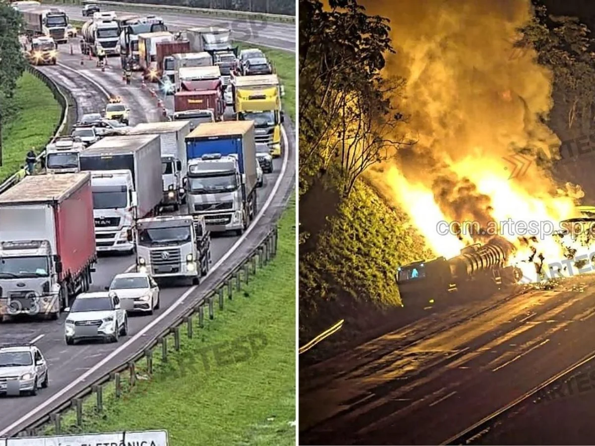 Rodoanel tem 12 km de congestionamento após acidente com fogo em carretas